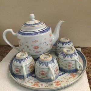 Vintage Chinese linglong porcelain tea tray , teapot and 4 tea cups lot